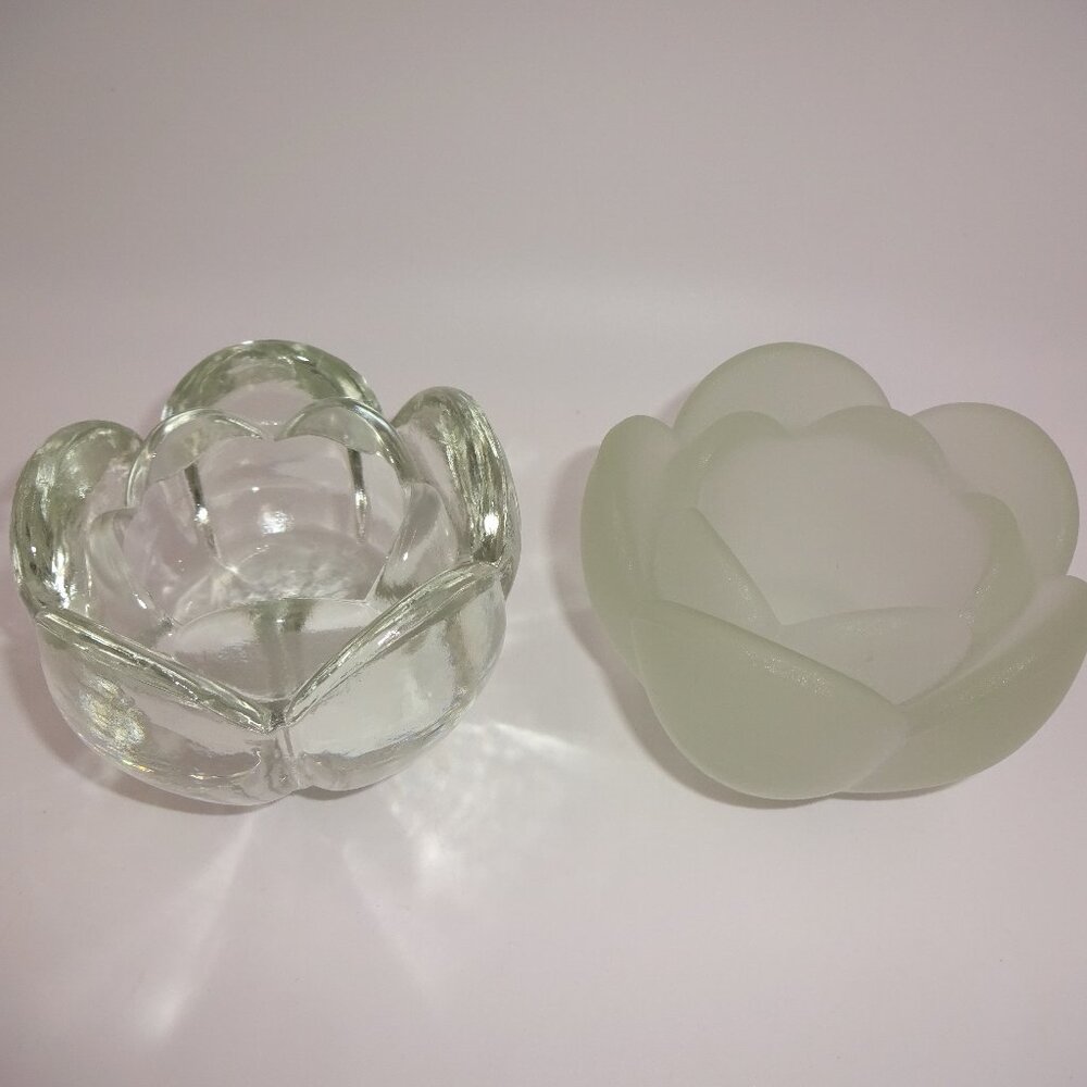 Pair 2 Vintage Clear Frosted Lotus Flower Candle Holders Votives Tea Lights Set
